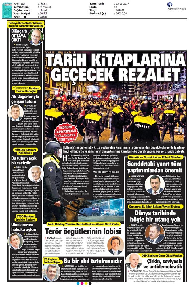 TÜRKONFED Türkiye Hollanda Diplomatik Kriz Basin Aciklamasi Medya Yansimalari 13 Mart 2017 - 2