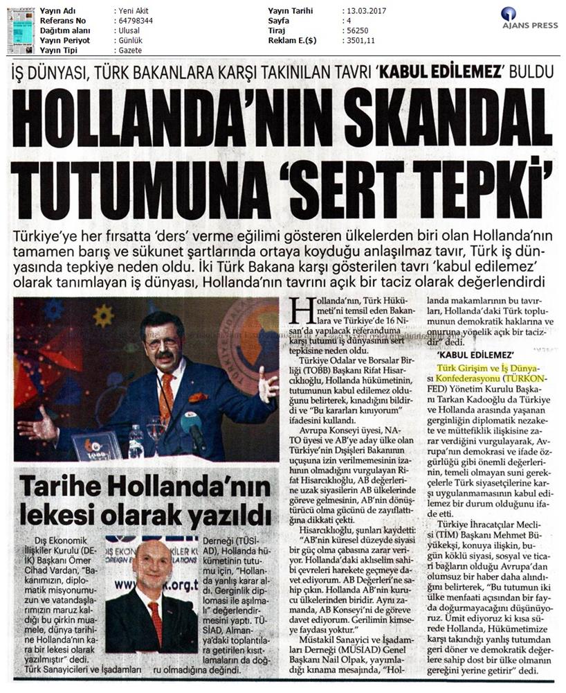 TÜRKONFED Türkiye Hollanda Diplomatik Kriz Basin Aciklamasi Medya Yansimalari 13 Mart 2017 - 9