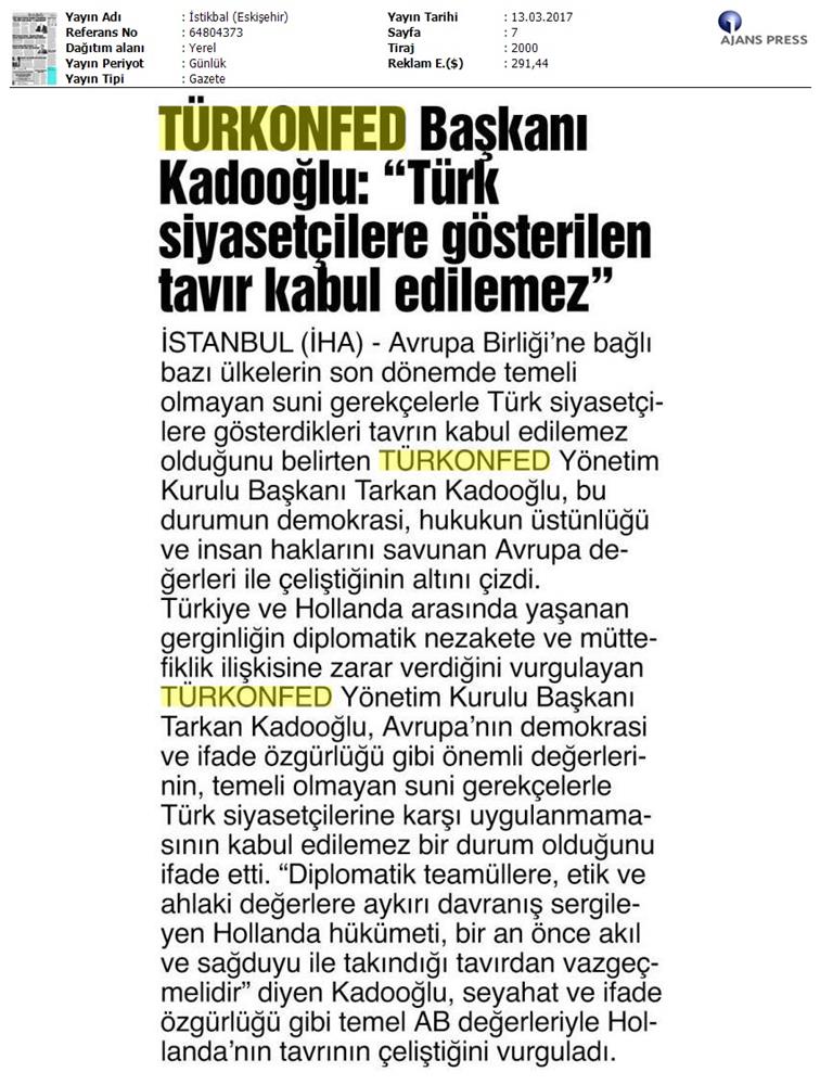 TÜRKONFED Türkiye Hollanda Diplomatik Kriz Basin Aciklamasi Medya Yansimalari 13 Mart 2017 - 14