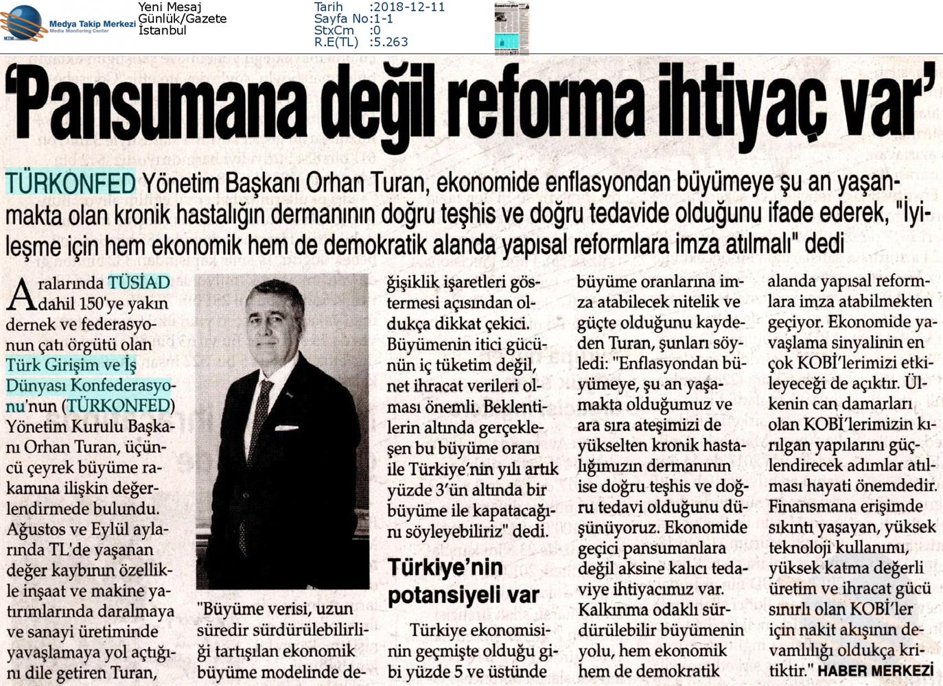 TÜRKONFED Ucuncu Ceyrek Buyume Basin Aciklamasi Medya Yansimalari 11 Aralik 2018 - 1