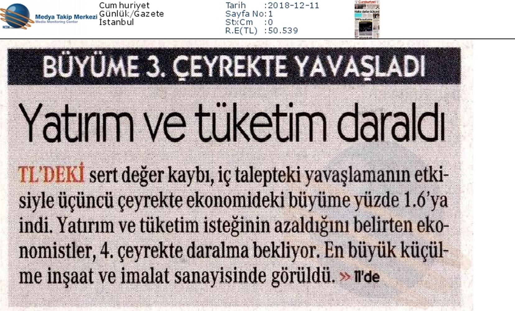 TÜRKONFED Ucuncu Ceyrek Buyume Basin Aciklamasi Medya Yansimalari 11 Aralik 2018 - 12