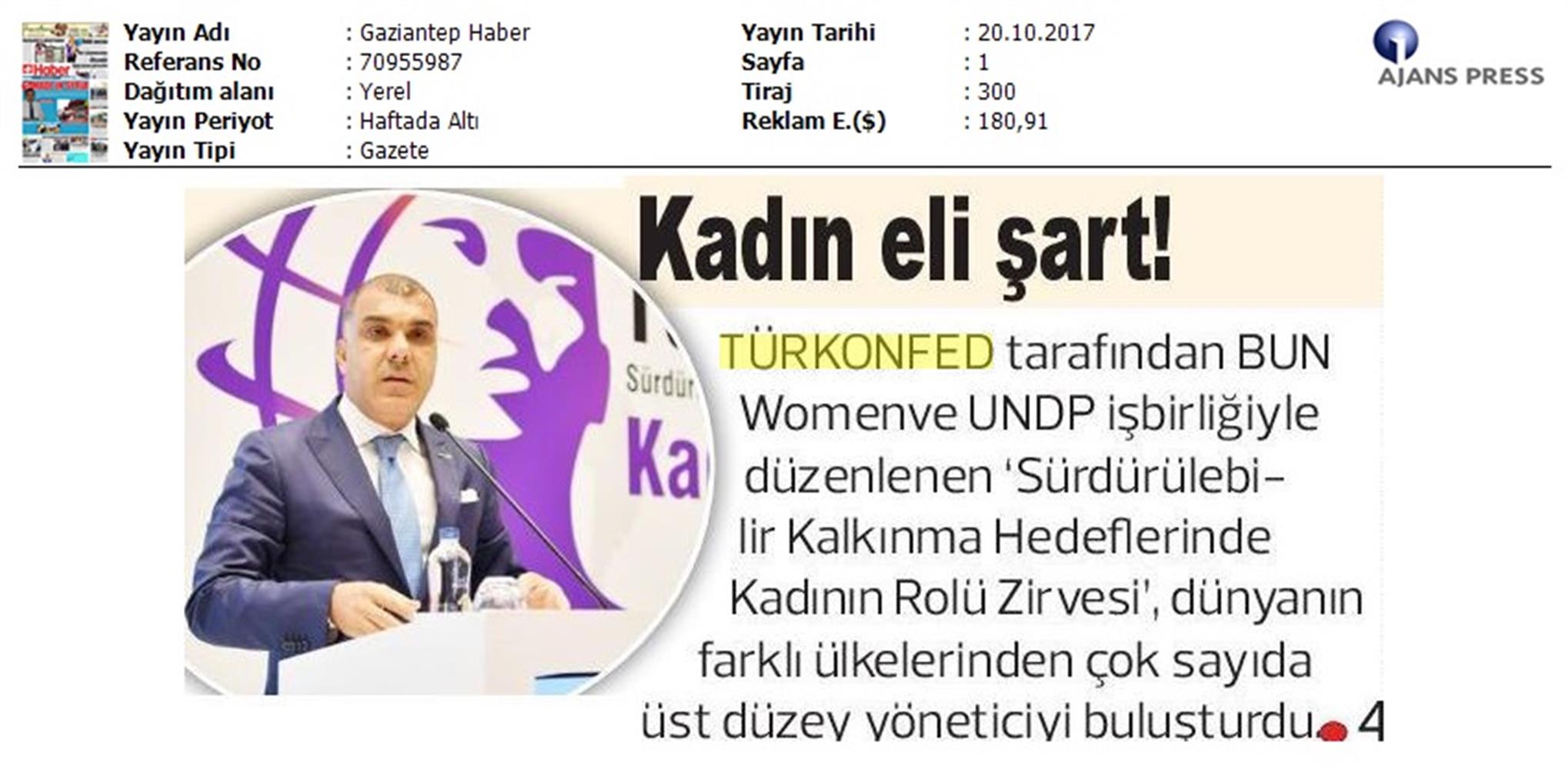 TÜRKONFED Undp Un Women Skh Kadinin Rolu Zirvesi Medya Yansimalari 19 Ekim 2017 - 2