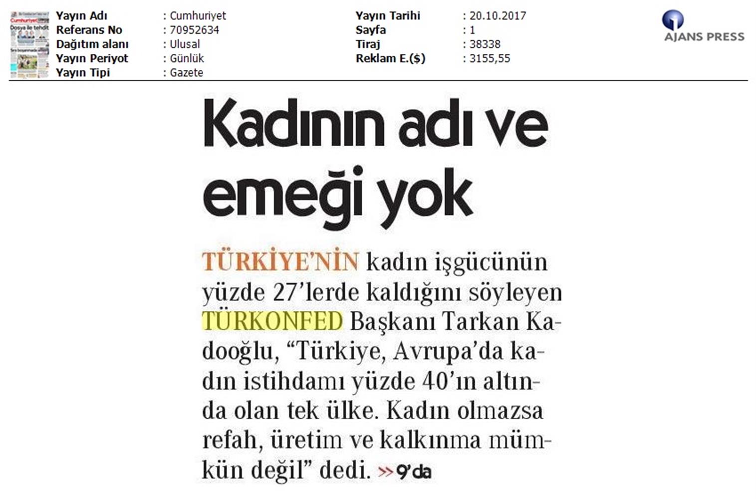 TÜRKONFED Undp Un Women Skh Kadinin Rolu Zirvesi Medya Yansimalari 19 Ekim 2017 - 9