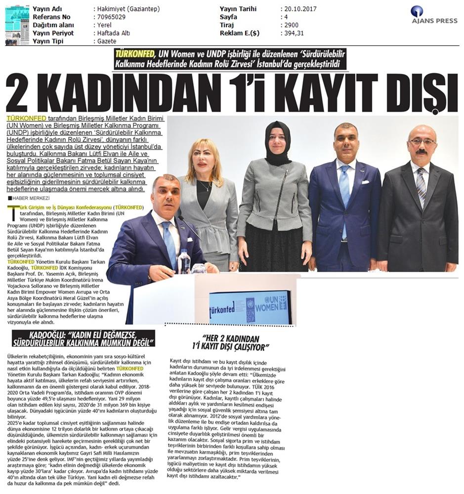 TÜRKONFED Undp Un Women Skh Kadinin Rolu Zirvesi Medya Yansimalari 19 Ekim 2017 - 10