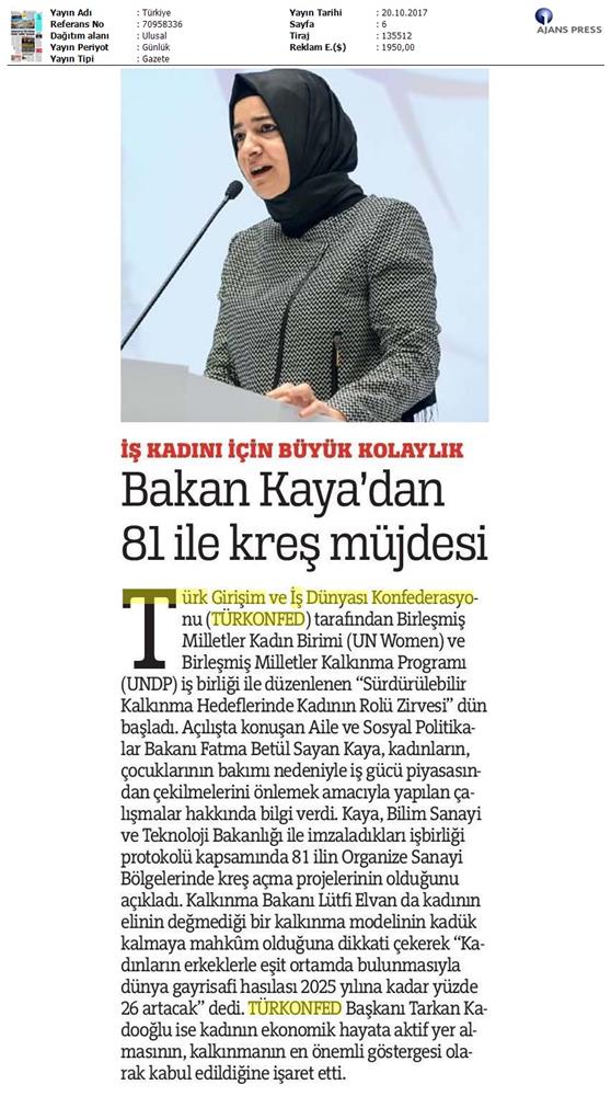 TÜRKONFED Undp Un Women Skh Kadinin Rolu Zirvesi Medya Yansimalari 19 Ekim 2017 - 13