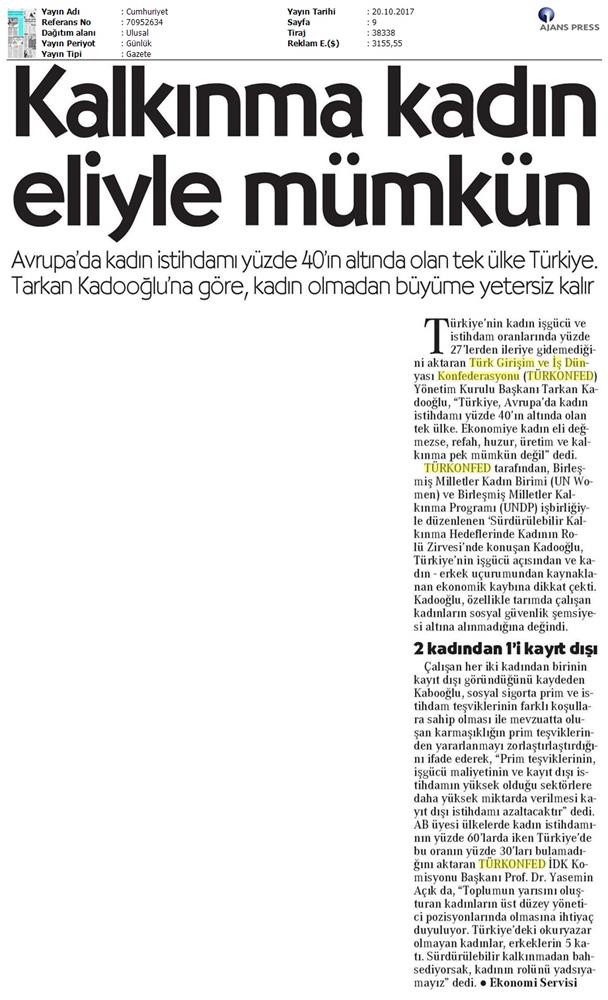 TÜRKONFED Undp Un Women Skh Kadinin Rolu Zirvesi Medya Yansimalari 19 Ekim 2017 - 15