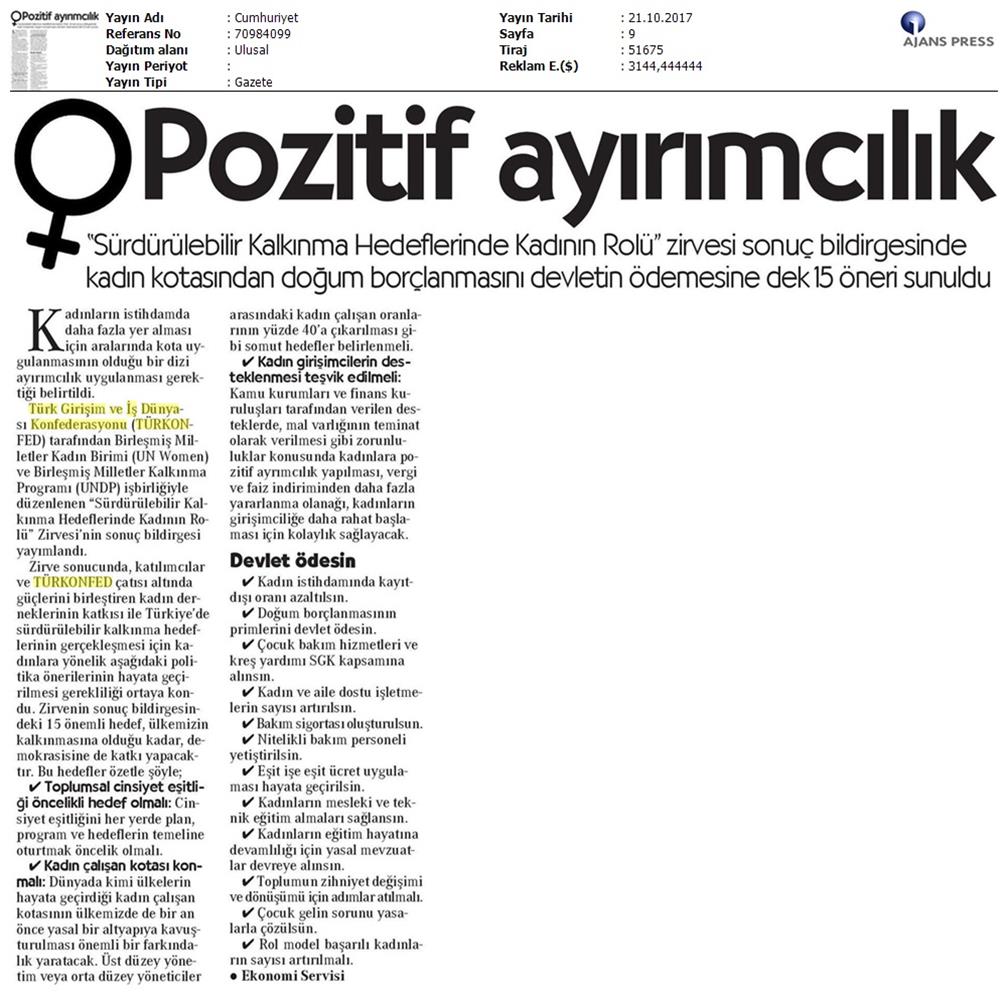 TÜRKONFED Undp Un Women Skh Kadinin Rolu Zirvesi Medya Yansimalari 19 Ekim 2017 - 21