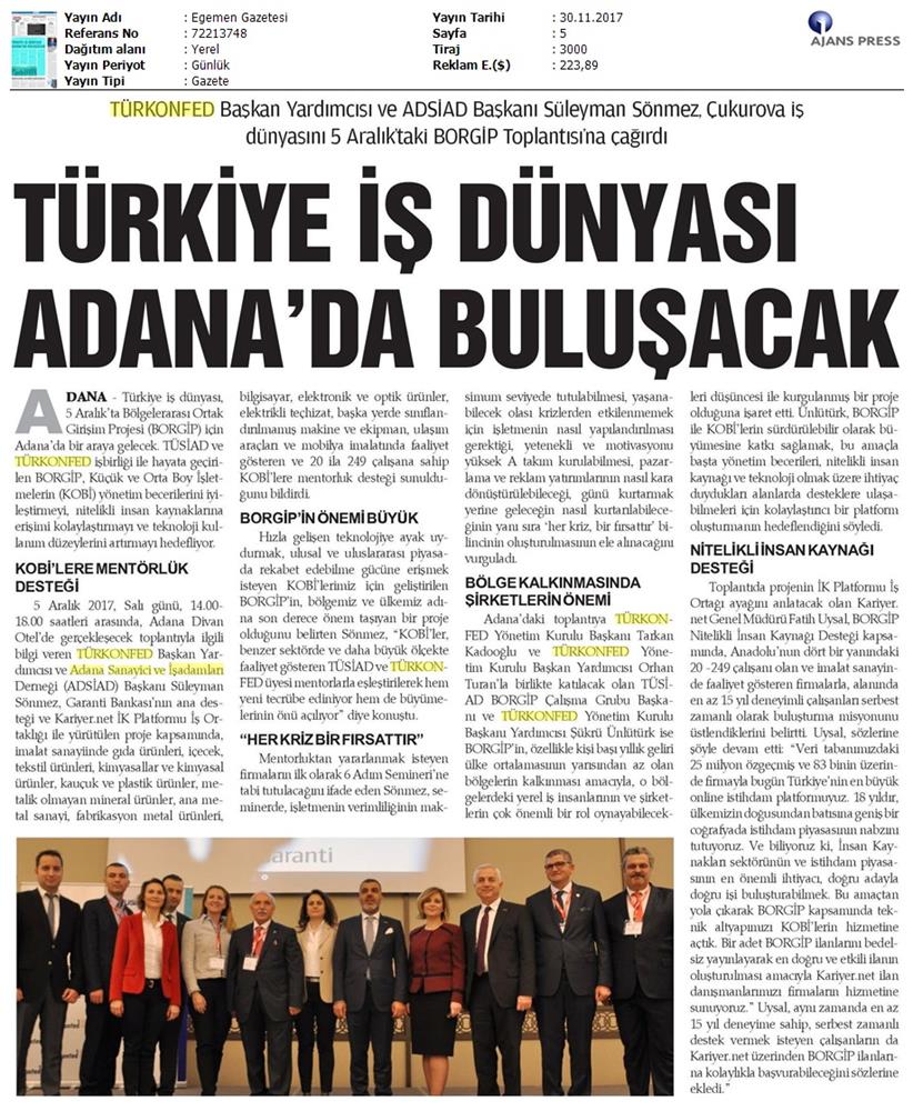 TÜRKONFED Ve TÜSİAD Borgip Adana Toplantısı On Medya Yansimalari 30 Kasim 5 Aralik 2017 - 5