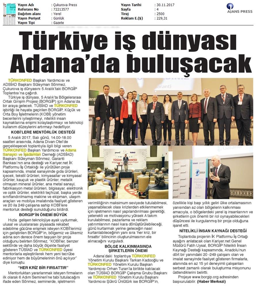 TÜRKONFED Ve TÜSİAD Borgip Adana Toplantısı On Medya Yansimalari 30 Kasim 5 Aralik 2017 - 23