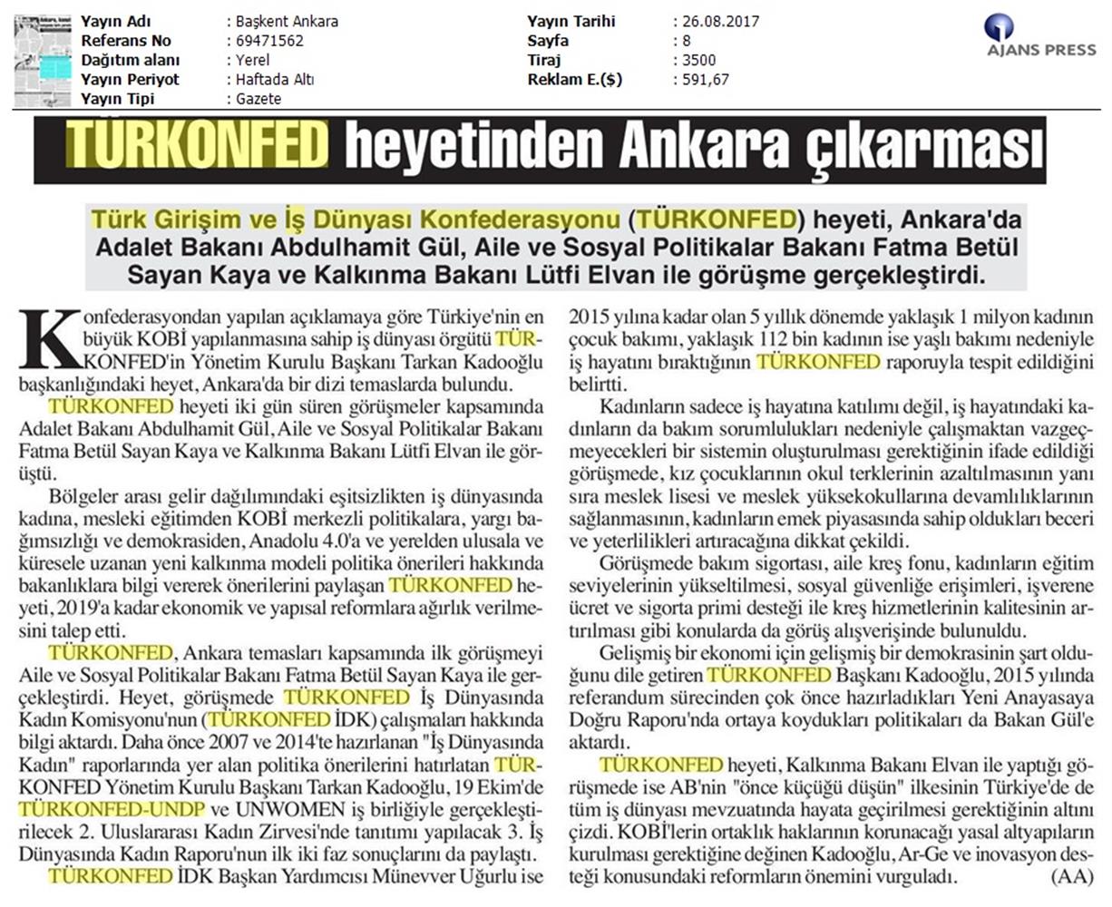 TÜRKONFED Yönetim Kurulu Ankara Temaslari Medya Yansimalari 23 24 Agustos 2017 Ankara - 12