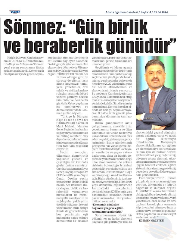 TÜRKONFED Yönetim Kurulu Başkani Suleyman Sönmez Gun Birlik Ve Beraberlik Gunudur - 7