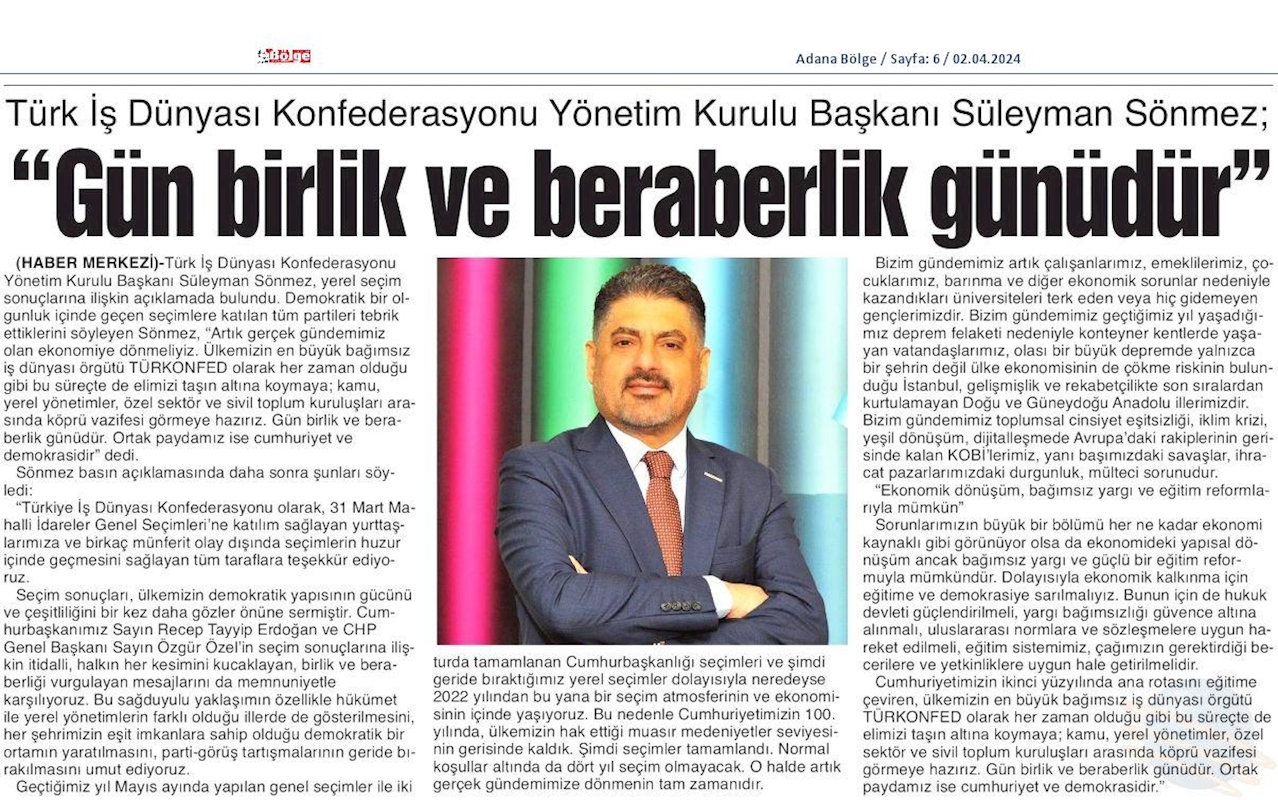 TÜRKONFED Yönetim Kurulu Başkani Suleyman Sönmez Gun Birlik Ve Beraberlik Gunudur - 8
