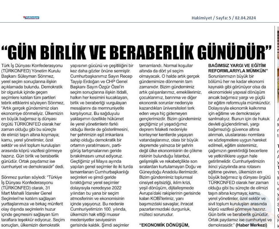 TÜRKONFED Yönetim Kurulu Başkani Suleyman Sönmez Gun Birlik Ve Beraberlik Gunudur - 16