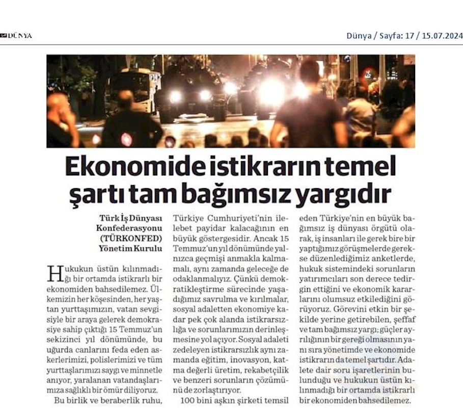 Turkonfedden 15 Temmuz Basin Aciklamasi Ekonomide Istikrarin Temel Sarti Tam Bagimsiz Yargidir - 16