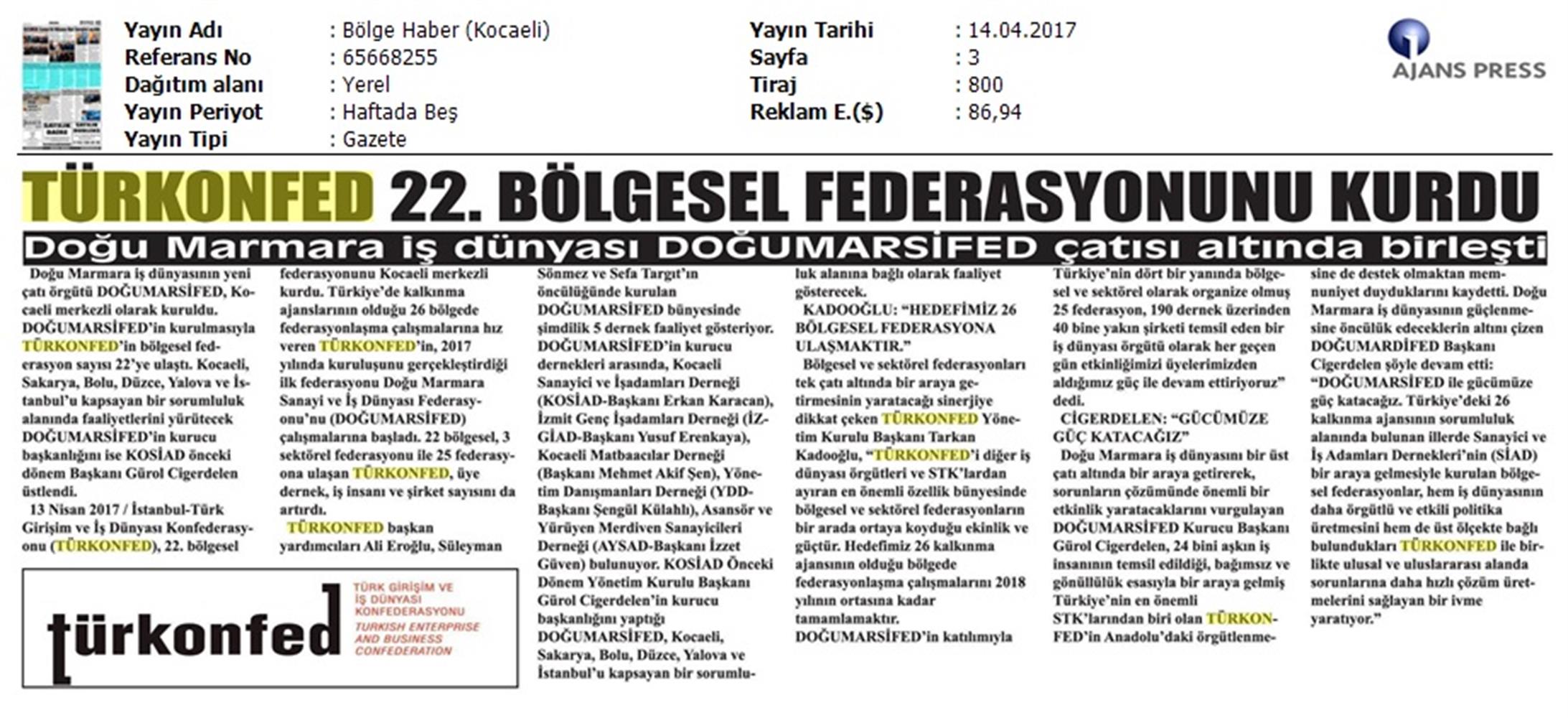 Turkonfedin 22 Bolgesel Federasyonu Dogumarsifed Kuruldu Basin Bulteni Medya Yansimalari 14 Nisan 2017 - 18