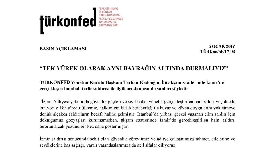 TÜRKONFED Başkanı Kadooğlu; “Tek Yürek Olarak Aynı Bayrağın Altında Durmalıyız”