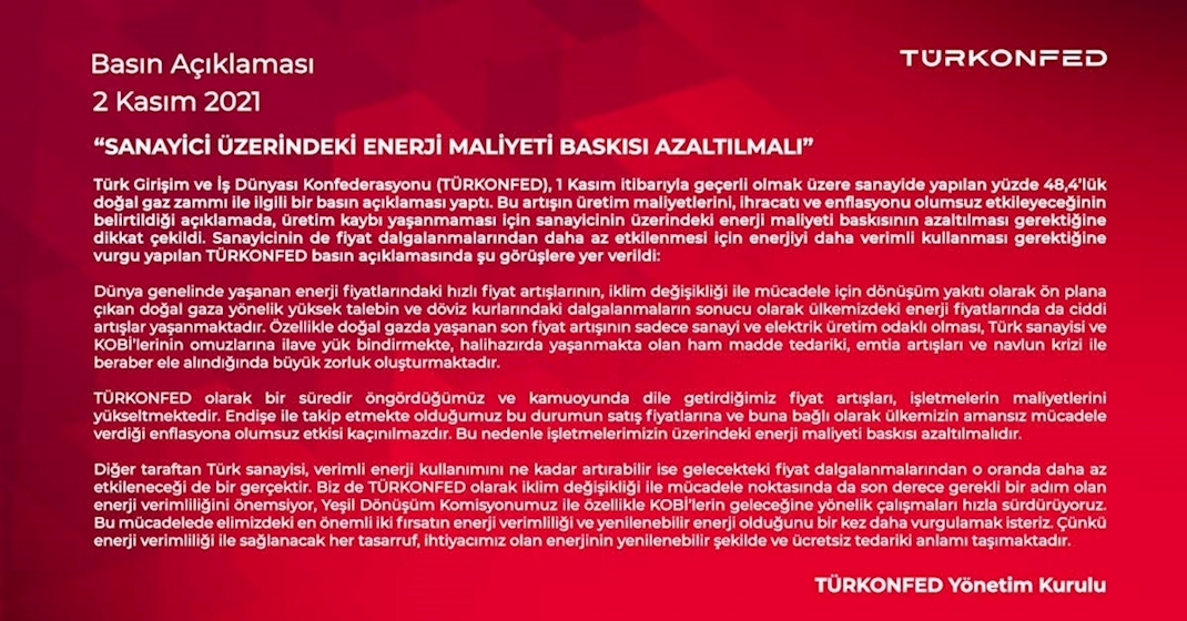 TÜRKONFED’den Doğal Gaz Zammına İlişkin Basın Açıklaması